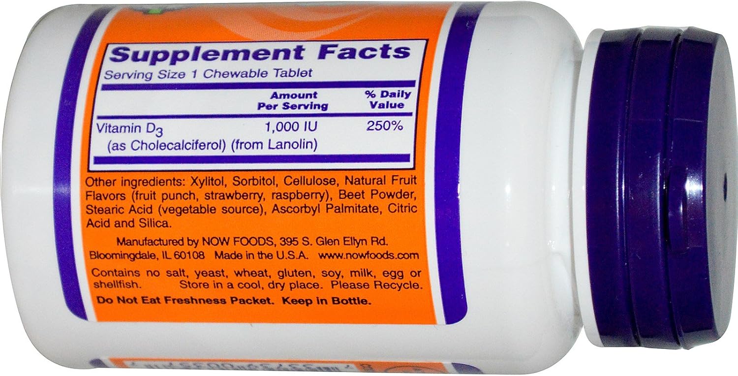 NOW Foods Vitamin D3 1,000 IU 180 Chewable Tablets (Pack of 2)