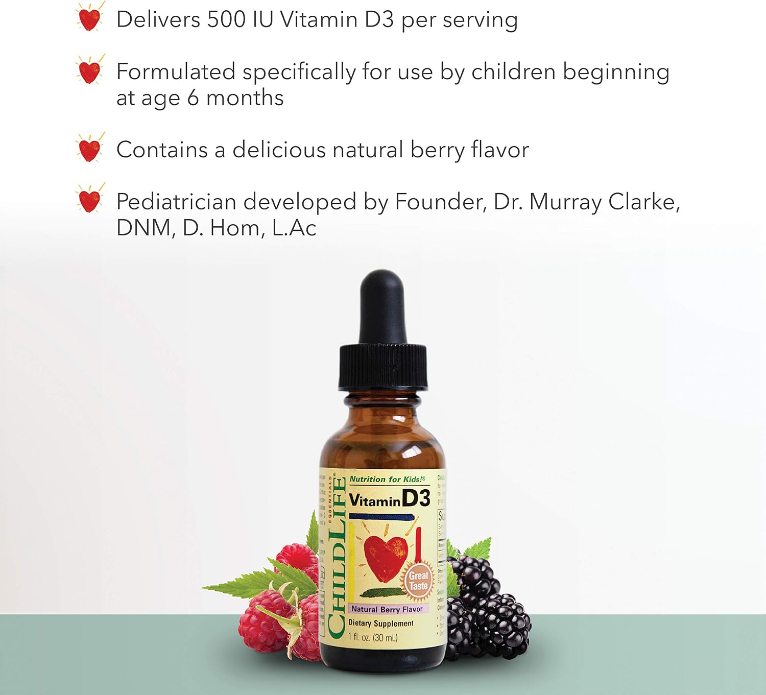 ChildLife Essentials Baby Vitamin D3 Drops - for Infants, Children, & Toddlers, Vitamin D Drops, 500 IU per Serving, Immune & Bone Health Support, Natural Berry Flavour - 1 Fl Oz (Pack of 3)