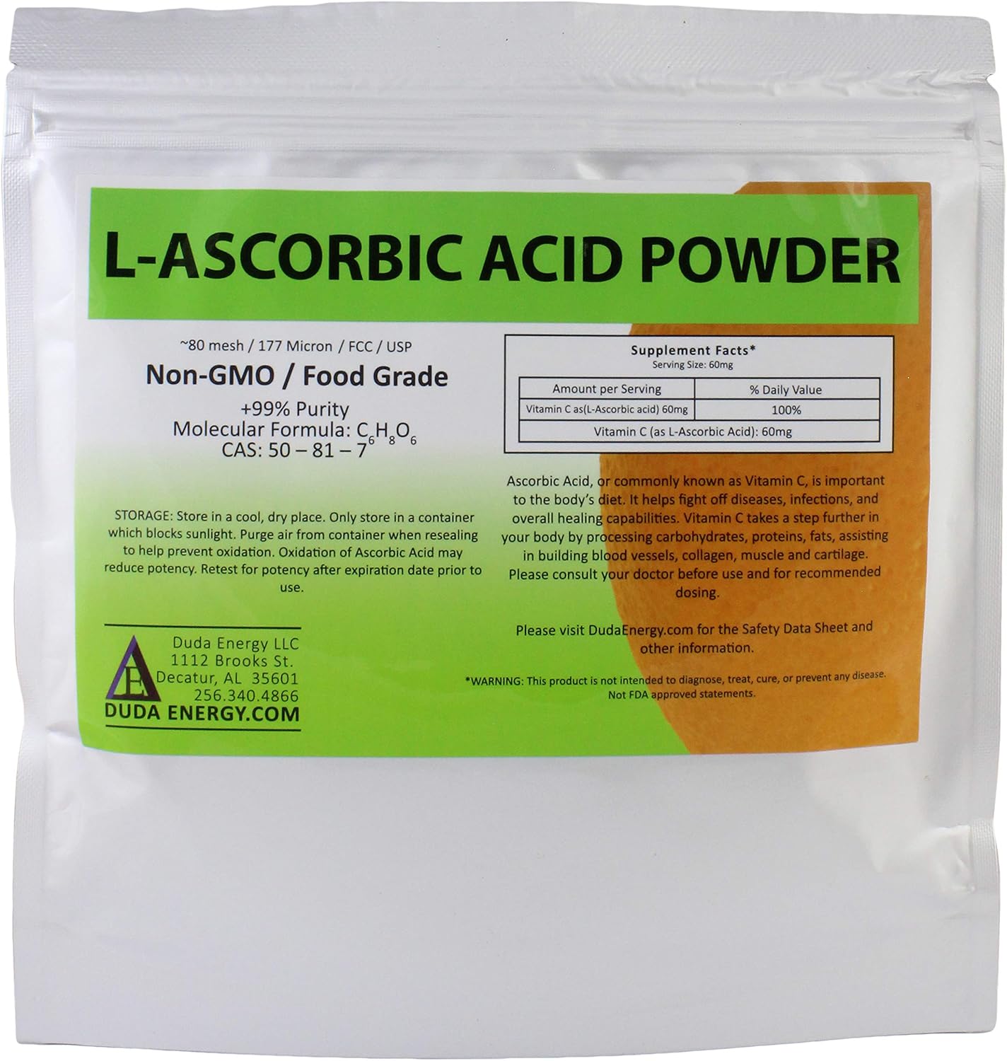 Duda Energy L-Ascorbic Acid Powder, 99+% Food Grade, 227 g