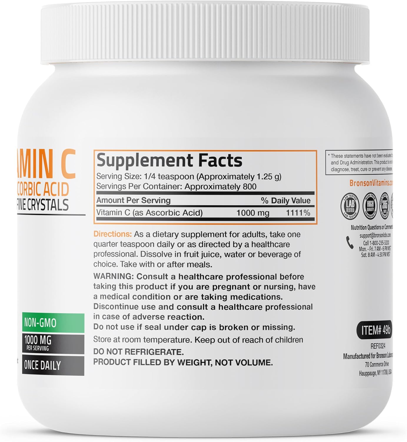 Bronson Vitamin C Powder – Pure Ascorbic Acid, Non-GMO Crystals – 1 kg (2.2 lbs)