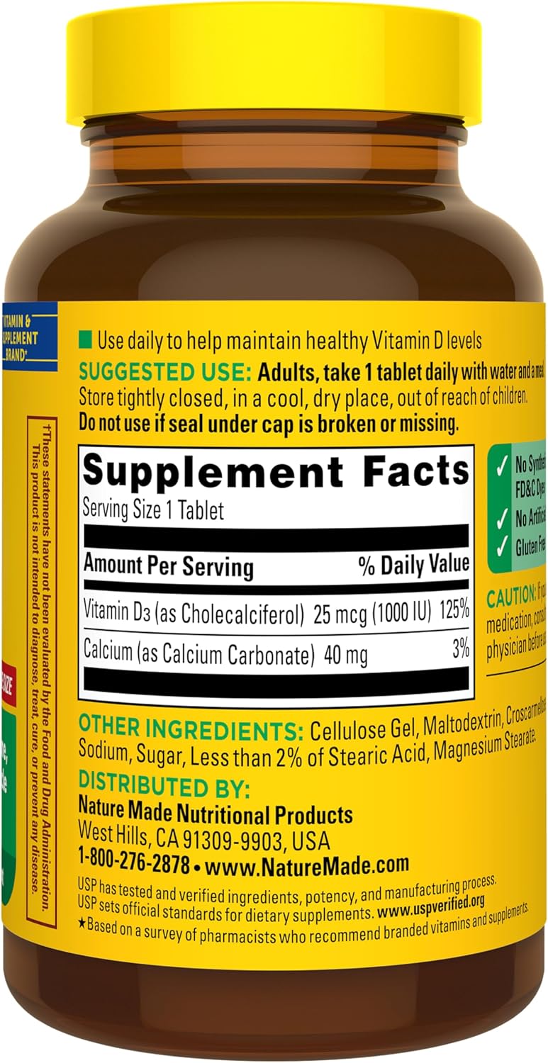 Nature Made Vitamin D3 1000 IU (25 mcg), Vitamin D Supplement for Bone, Teeth, Muscle and Immune Health Support, 300 Tablets, 300-Day Supply