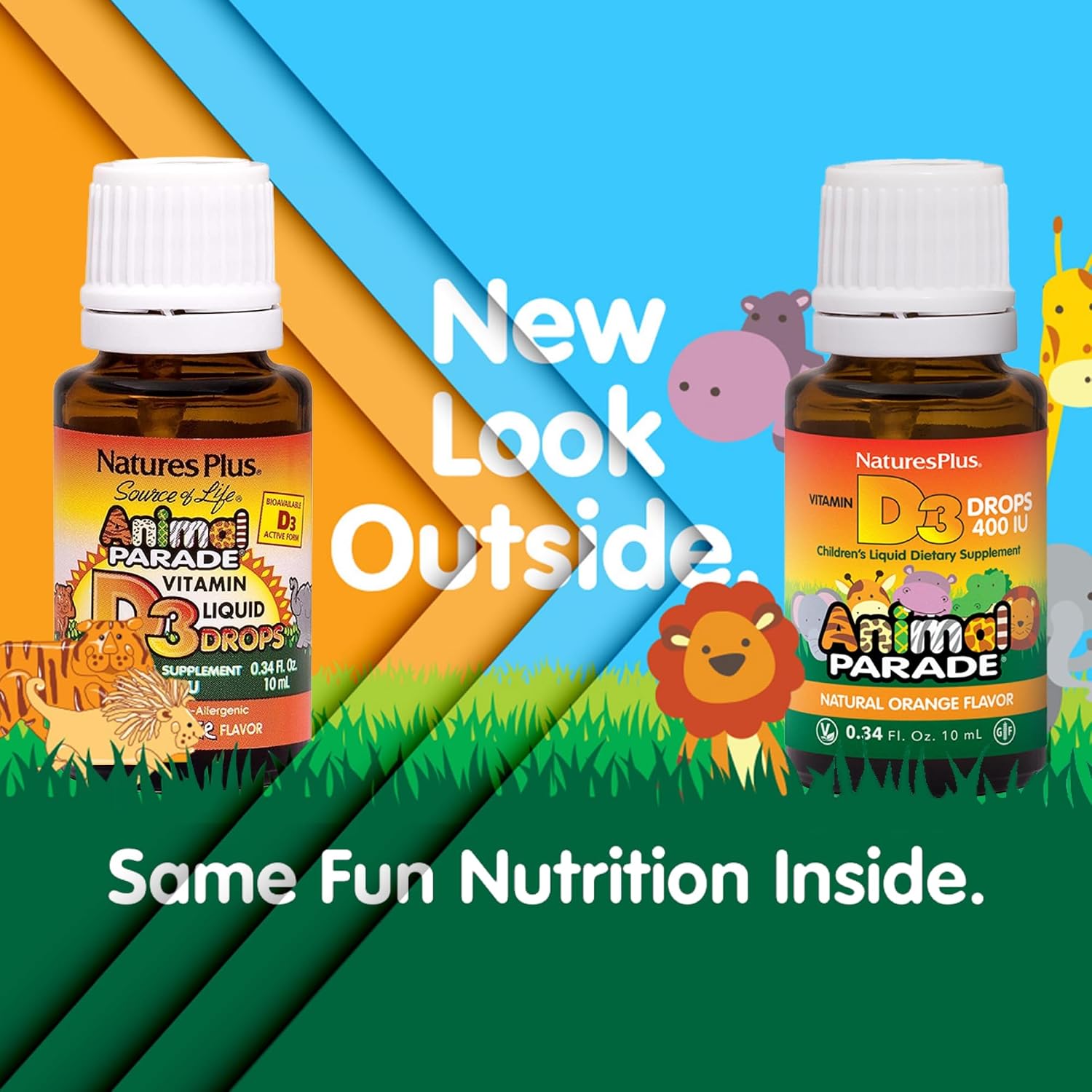 NaturesPlus Animal Parade Liquid Vitamin D3 Drops for Children – 400 IU, Orange Flavour, 10 mL – 365 Servings