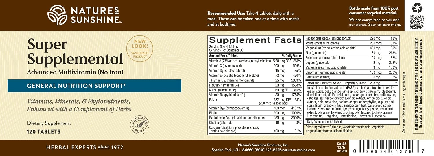 Nature's Sunshine Super Supplementary w/o Iron – Complete Multivitamin with Minerals, Herbs & Amino Acids