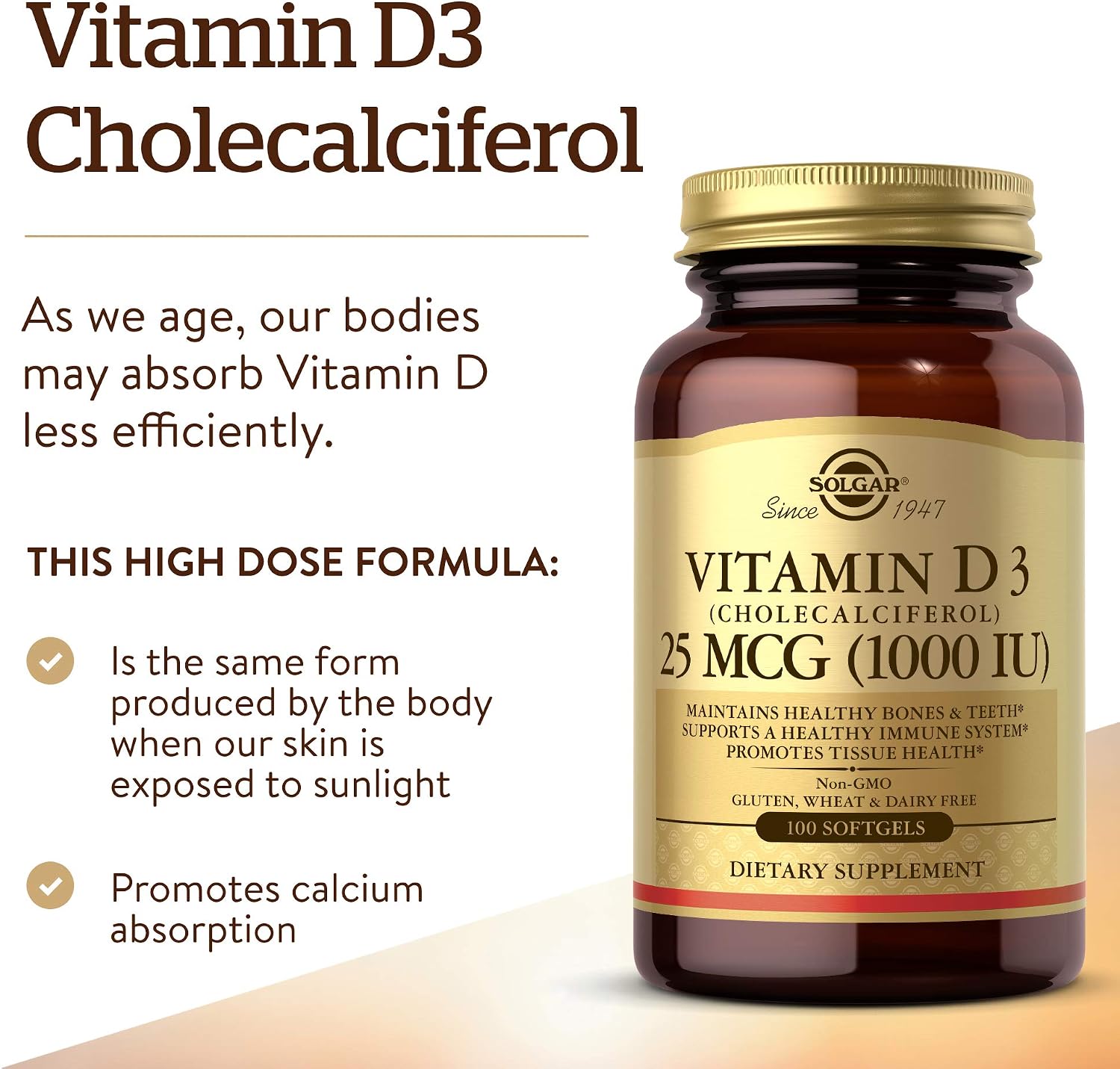 Solgar Vitamin D3 1000 IU Softgels – 100 Count