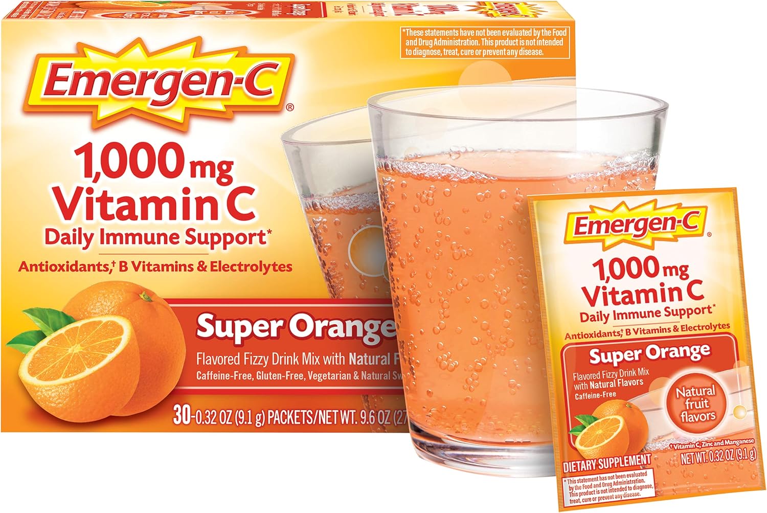 Emergen-C 1000mg Vitamin C Powder for Immune Support, Super Orange Flavour, 30 Count