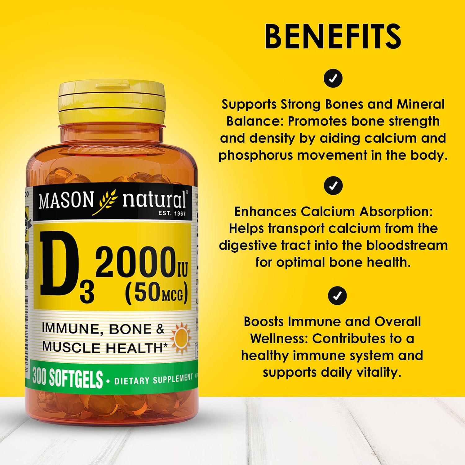 MASON NATURAL Vitamin D3 2,000 IU High Potency, Supports Bone Density & Immune Health, 300 Softgels