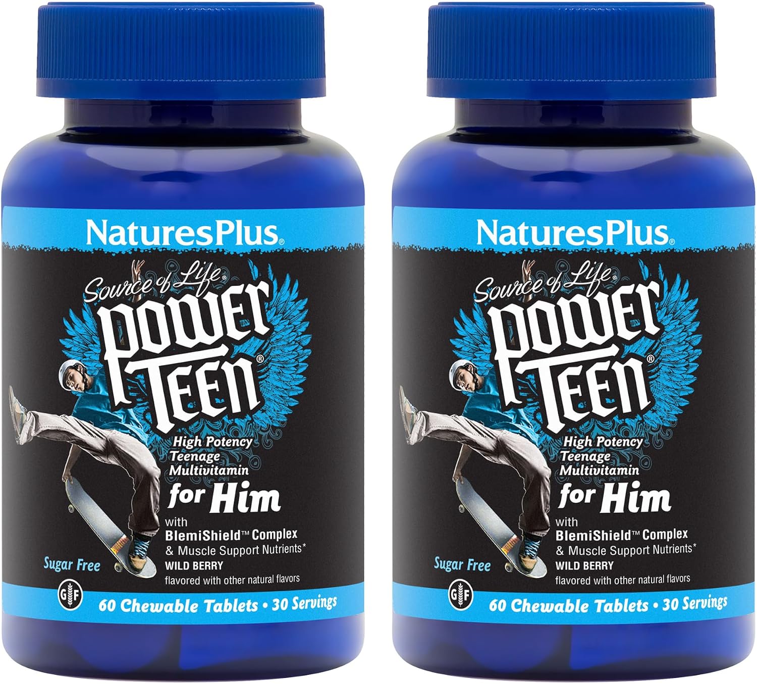 NaturesPlus Power Teen for Him - 60 Chewable Tablets, Wild Berry - High-Potency Teenage Multivitamin - Sugar Free, Vegetarian, Gluten Free - 30 Servings