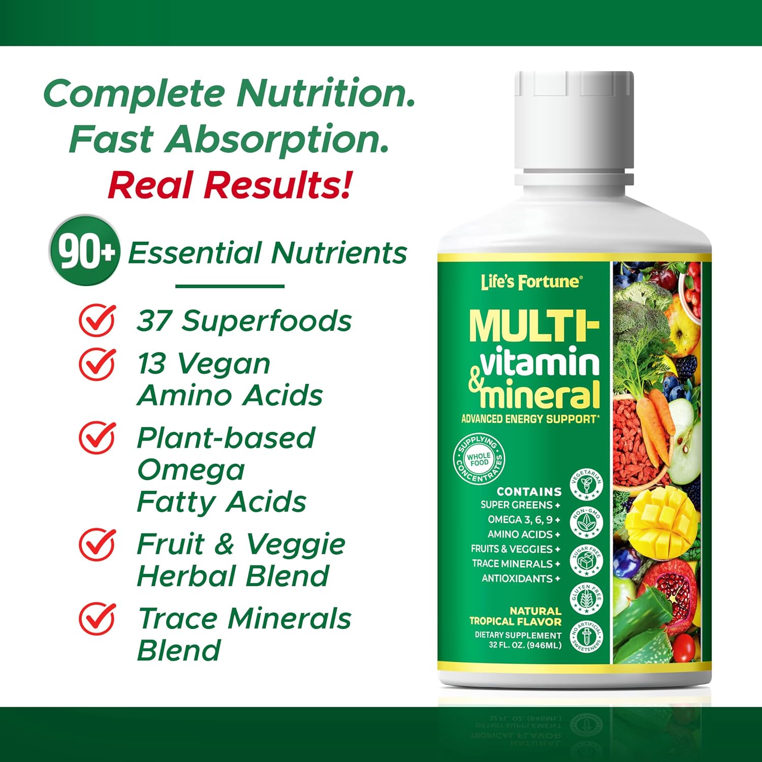 Life’s Fortune Liquid Multivitamin for Adults and Seniors - Fast Absorption, 90+ Nutrients, Tropical Flavour, 1 L
