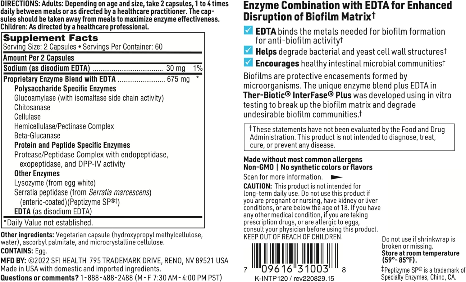 SFI Health Klaire Labs Ther-Biotic Interfase Plus - Anti-Biofilm Enzymes with EDTA, 120 Capsules
