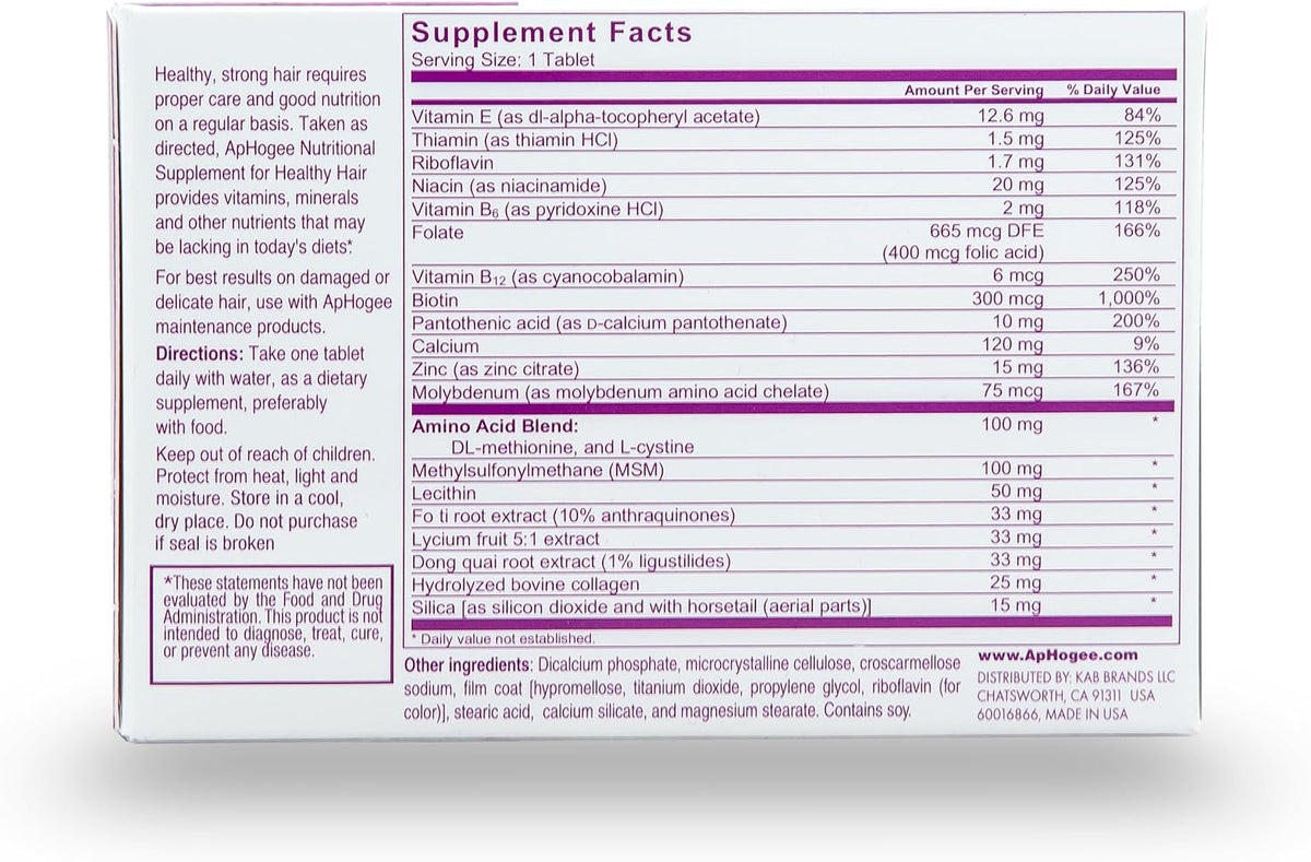 Aphogee Nutritional Supplement for Healthy Hair – Biotin, Vitamins & Minerals with MSM, Collagen & Amino Acids – 30 Tablets - görsel 2