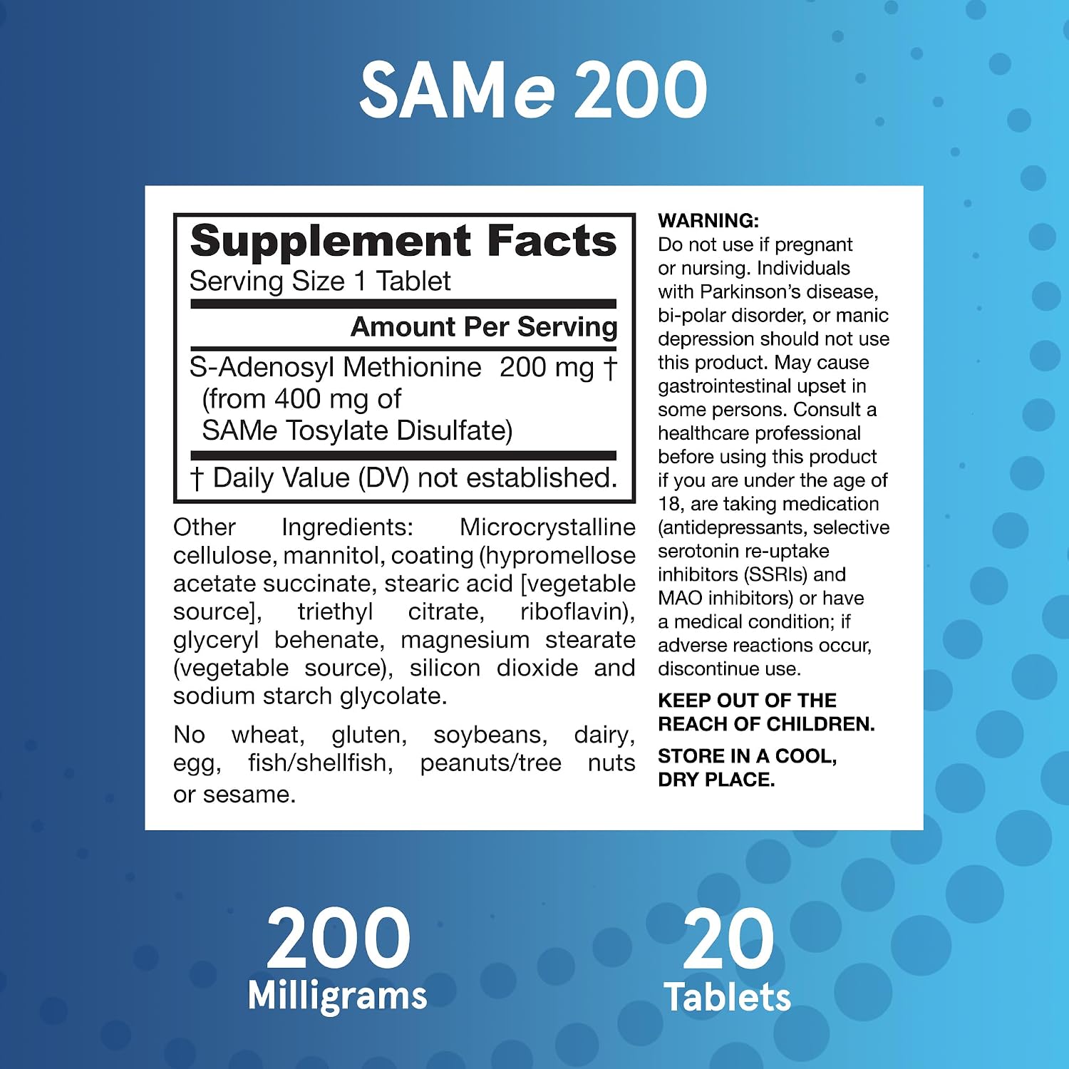 Jarrow Formulas SAMe 200 mg – Joint Support, Liver Health, and Brain Function, 20 Enteric-Coated Tablets