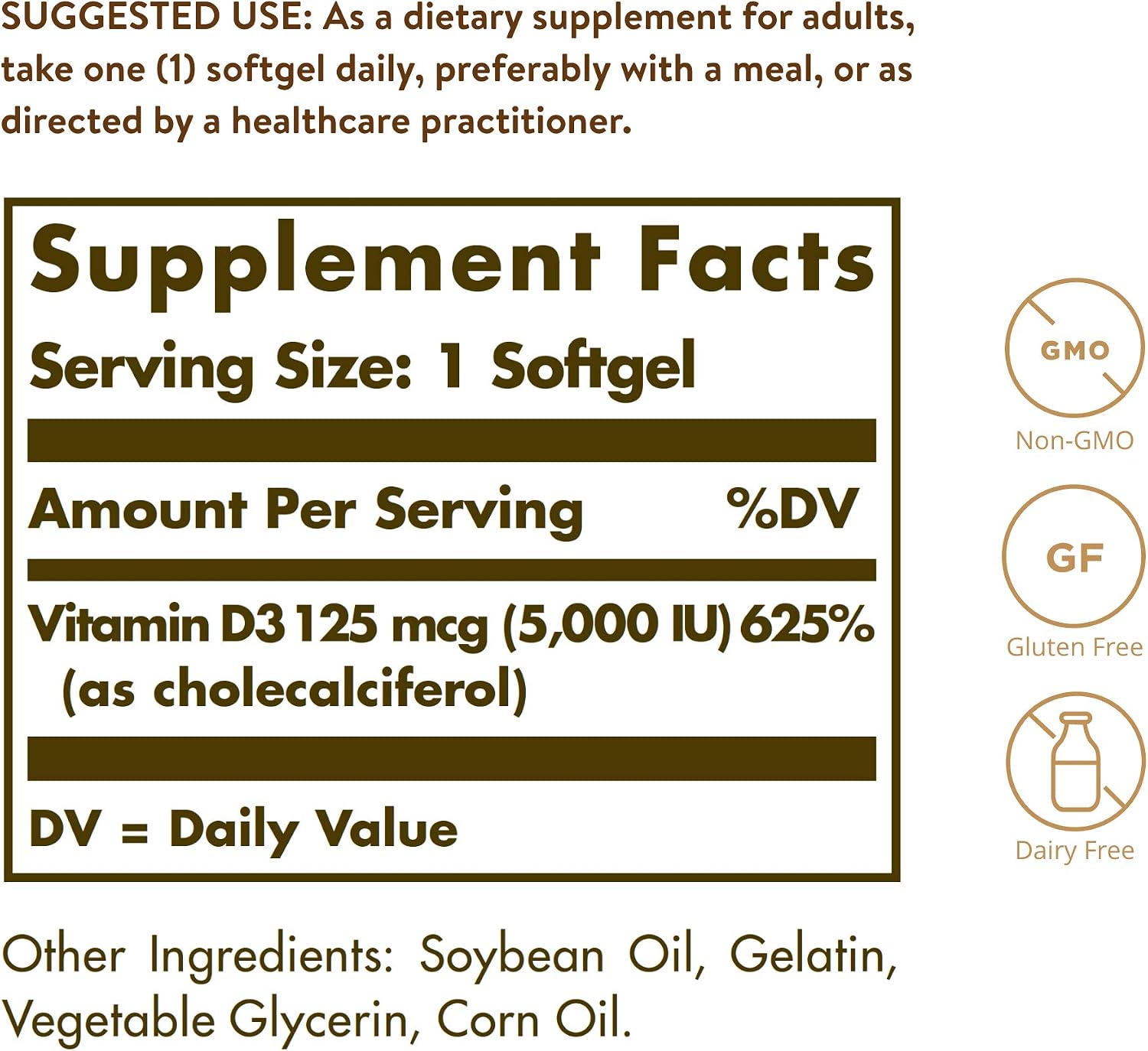 Solgar Vitamin D3 (Cholecalciferol) 125 mcg (5000 IU), 100 Softgels – Bone and Immune Support