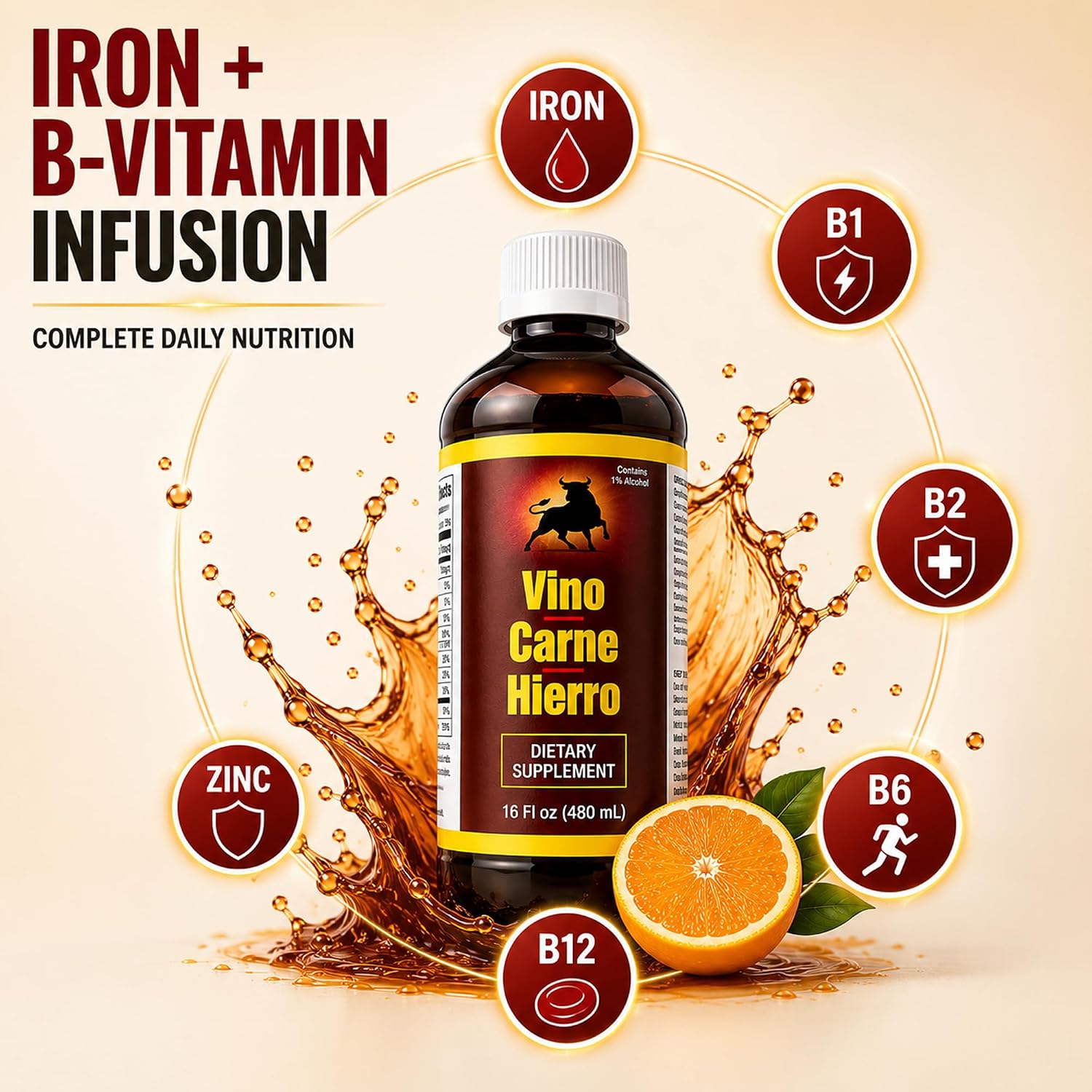 Menper Vino Carne Hierro Iron Supplement - Liquid Iron with Vitamin Blend, 473 mL