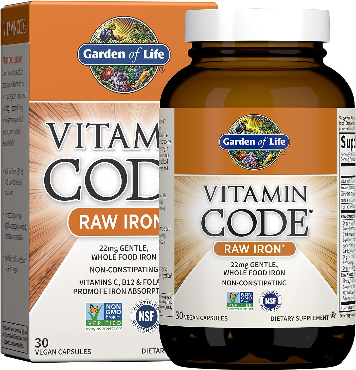 Garden of Life Vitamin Code Raw Iron Supplement - 30 Vegan Capsules, 22 mg Once Daily Iron, Vitamins C, B12, Folate, Fruit, Vegetables & Probiotics