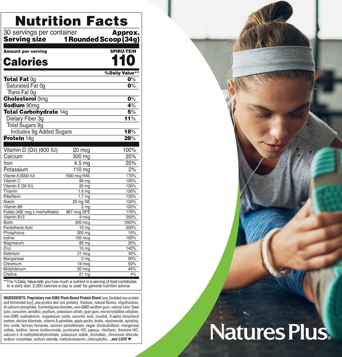 NaturesPlus SPIRU-TEIN, Peaches and Cream - 1.02 kg - Plant-Based Protein Powder with Vitamins & Minerals, Vegetarian, Gluten Free