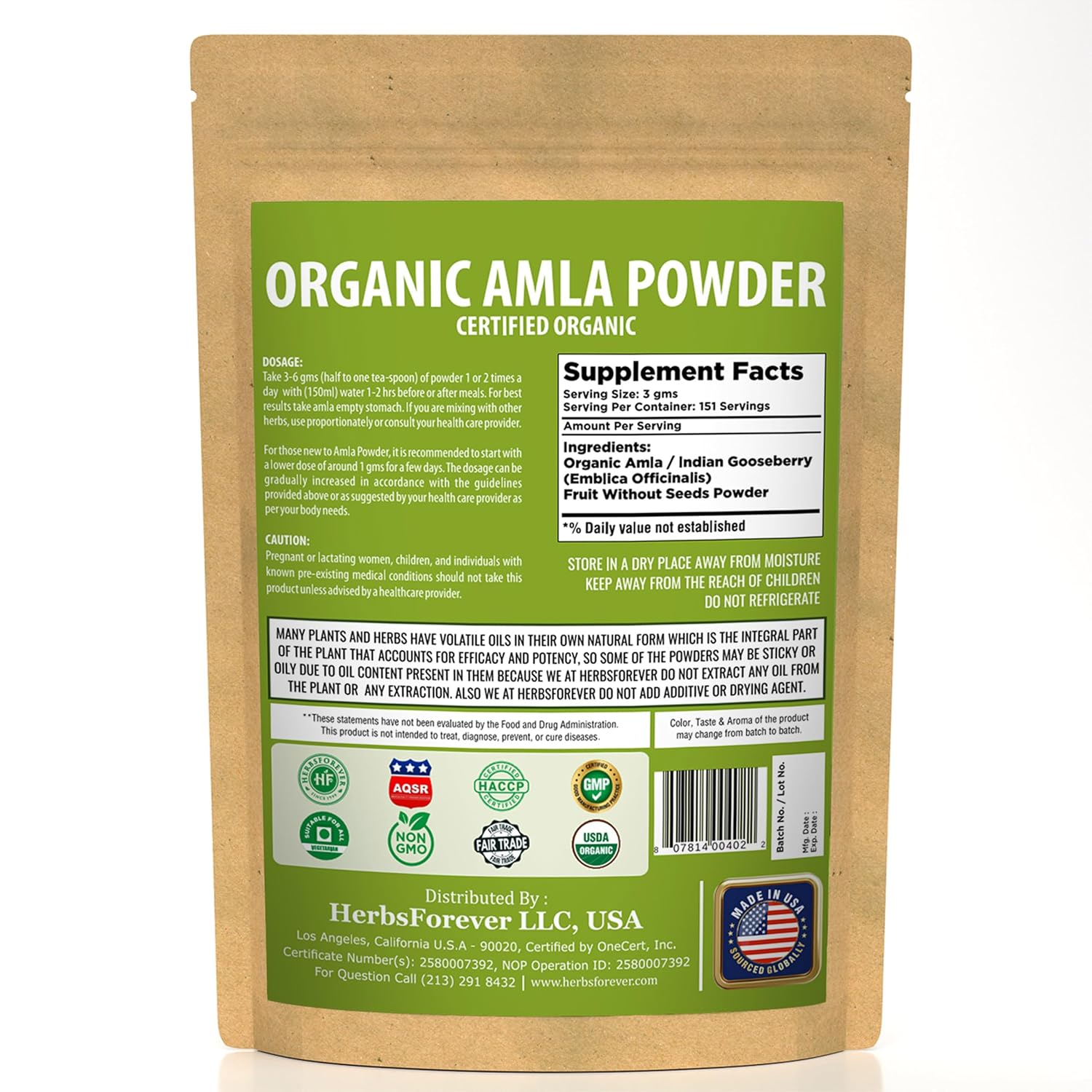 Herbsforever Amla Fruit Powder – Indian Gooseberry, Wild Harvested, Non-GMO, Vegan, Steam Sterilized, 2X Potency – 454 g (1 lb) – BPA Free