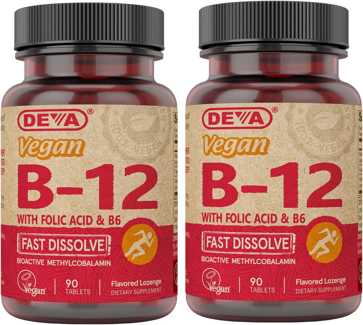 DEVA Vegan Vitamin B12 Fast Dissolve Supplement - Once-Per-Day Complex with 1000 mcg Methylcobalamin B12, Folic Acid, B6 - Lemon Flavour - 90 Dissolvable Tablets, 2-Pack