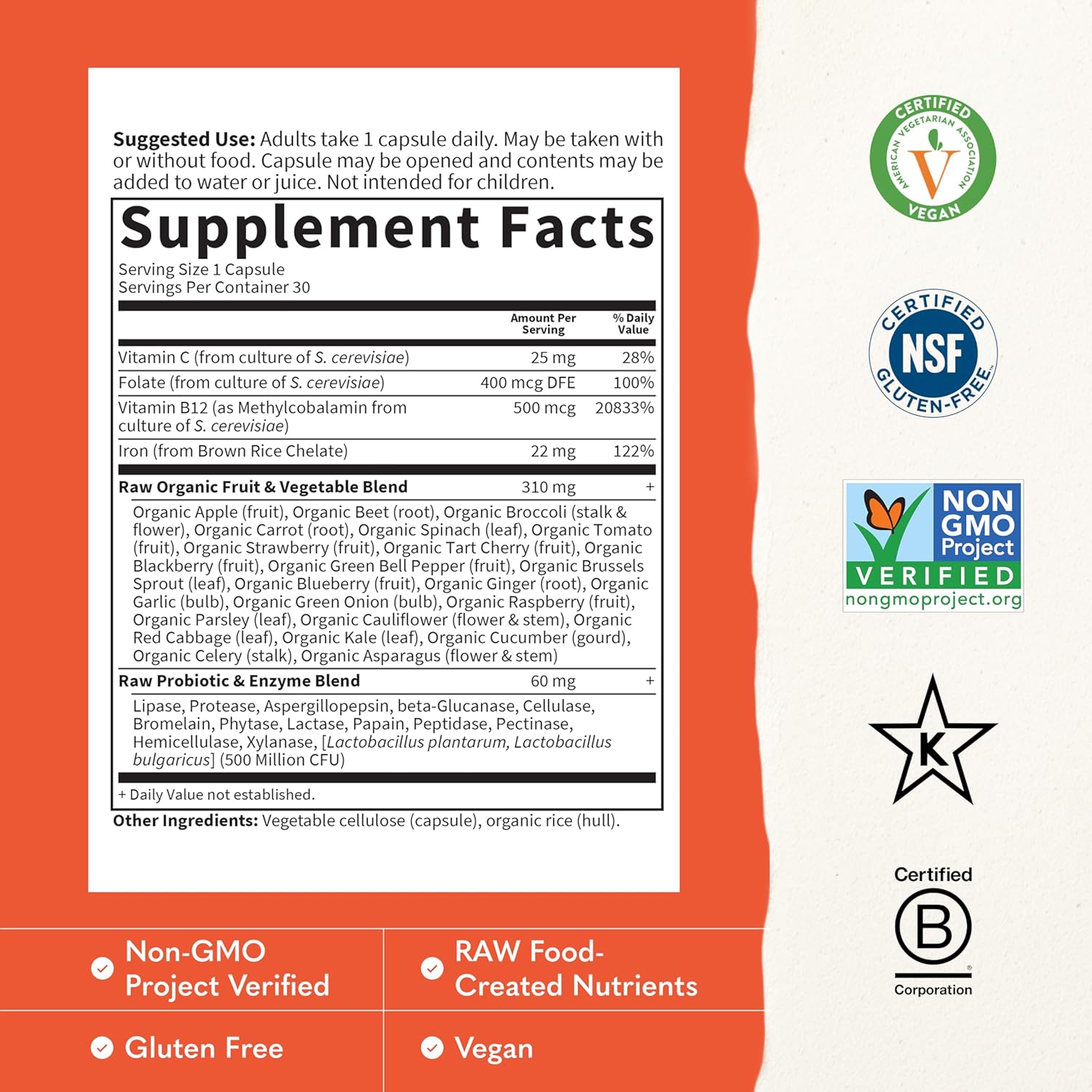 Garden of Life Vitamin Code Raw Iron Supplement - 30 Vegan Capsules, 22 mg Once Daily Iron, Vitamins C, B12, Folate, Fruit, Vegetables & Probiotics