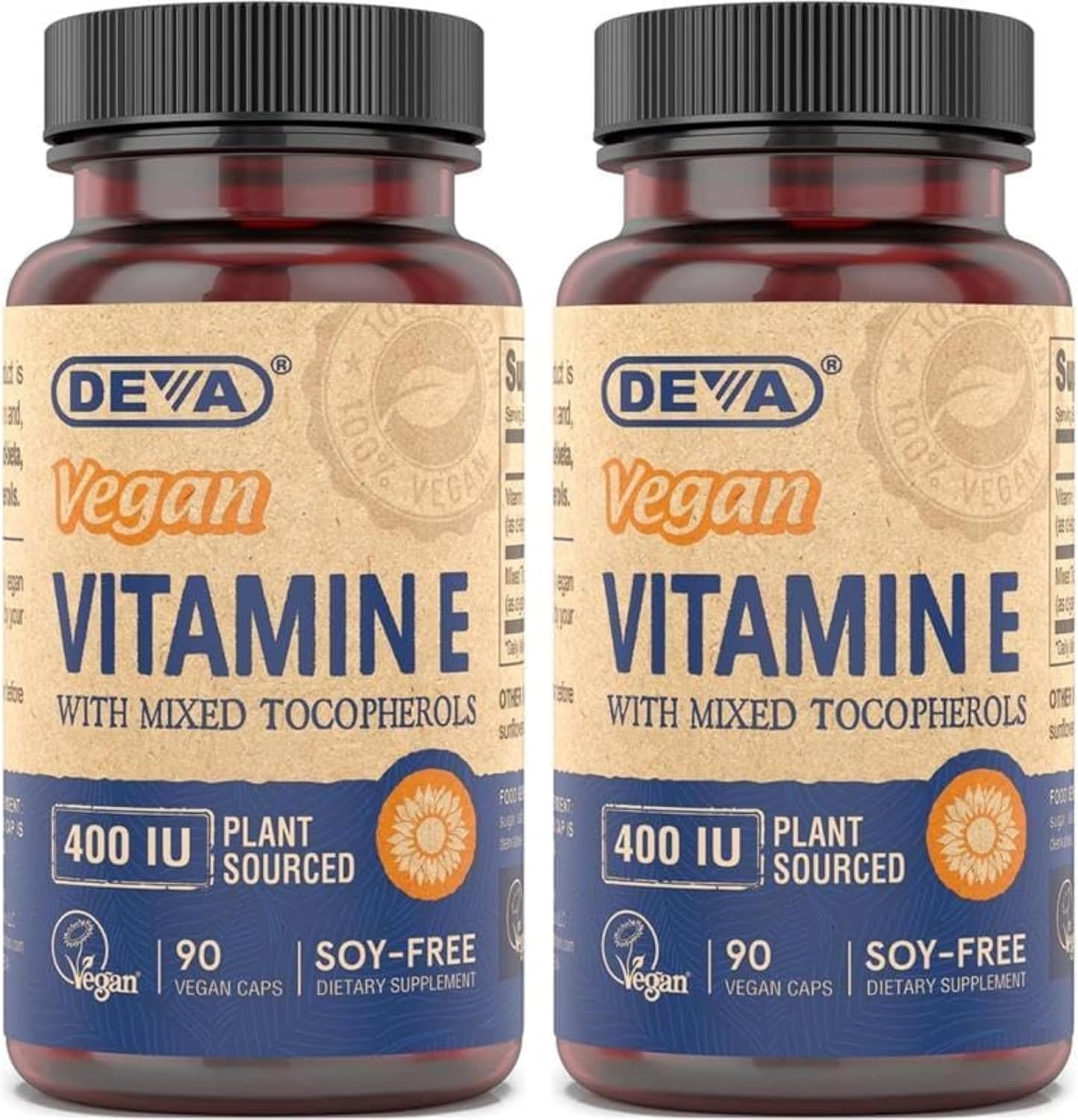 DEVA Vegan Natural Source Vitamin E 400 IU with Mixed Tocopherols, Soy-Free – 90 Veg Caps (Pack of 2)