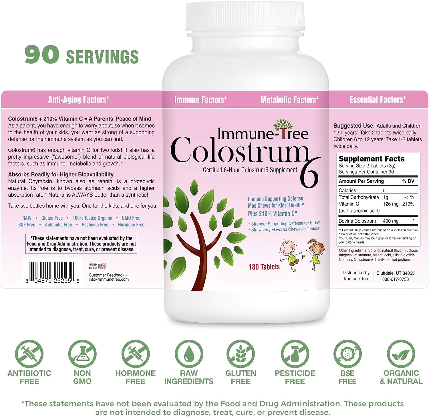 Immune Tree Moo Chews for Kids – 180 Cold Pressed Strawberry Chewable Colostrum Tablets