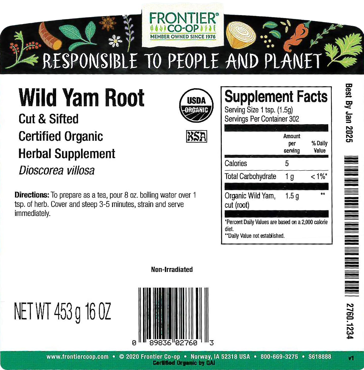 Frontier Co-op Wild Yam Root, Cut and Sifted, Certified Organic, Kosher - 1 lb (454 g) Bulk Bag