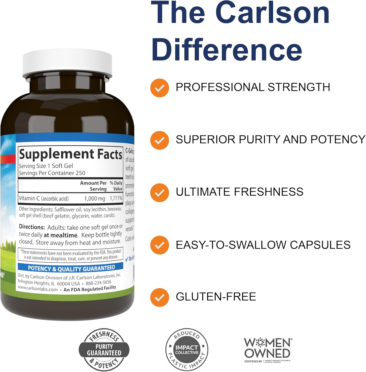 Carlson - C-Gels, 1000mg, Vitamin C Softgels, Immune Support & Cardiovascular Health, Antioxidant, Vitamin C Supplement, 250 Softgels