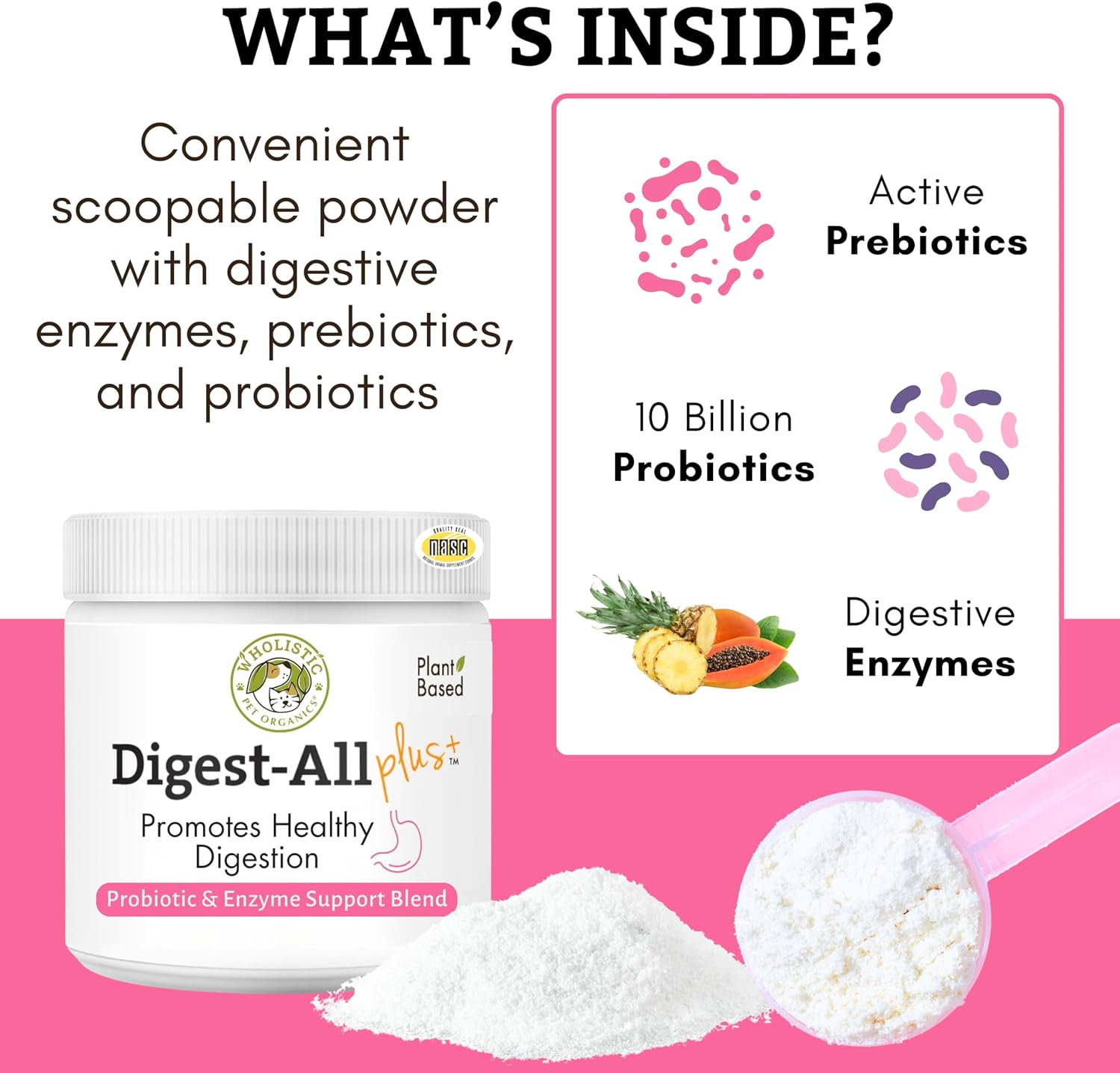 Wholistic Pet Organics Daily Probiotic for Dogs & Cats - Digestive Enzymes & Prebiotic Fiber - 227 g Powder