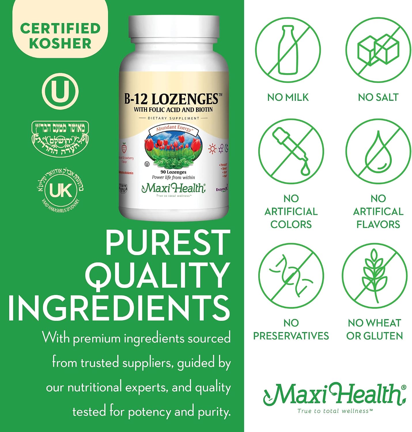 Maxi Health Vitamin B12 Lozenges with Folic Acid & Biotin - Sublingual, Strawberry Flavour - 90 Count