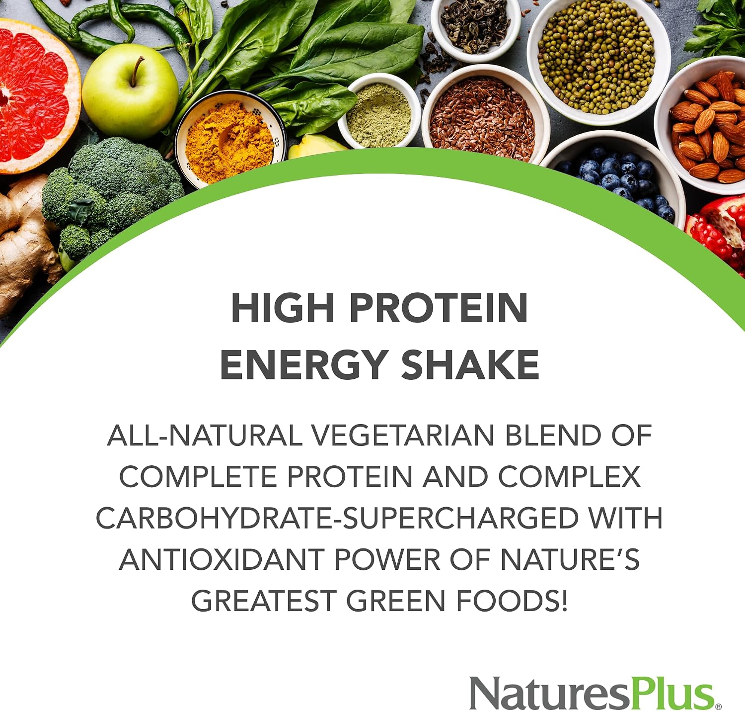 NaturesPlus FRUITEIN Revitalizing Green Foods Shake – Plant-Based Protein & Superfood Mix, 590 g (16 Servings)