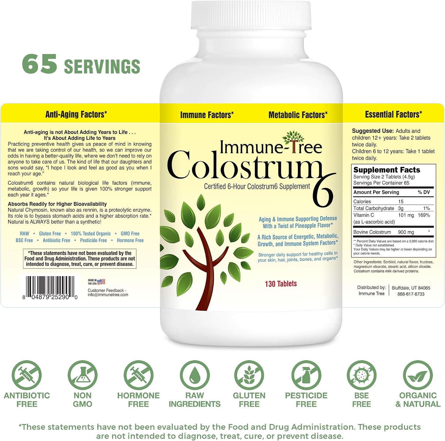 Immune Tree Colostrum6, Certified 6-Hour Colostrum, Pineapple Flavour, 130 Lozenges