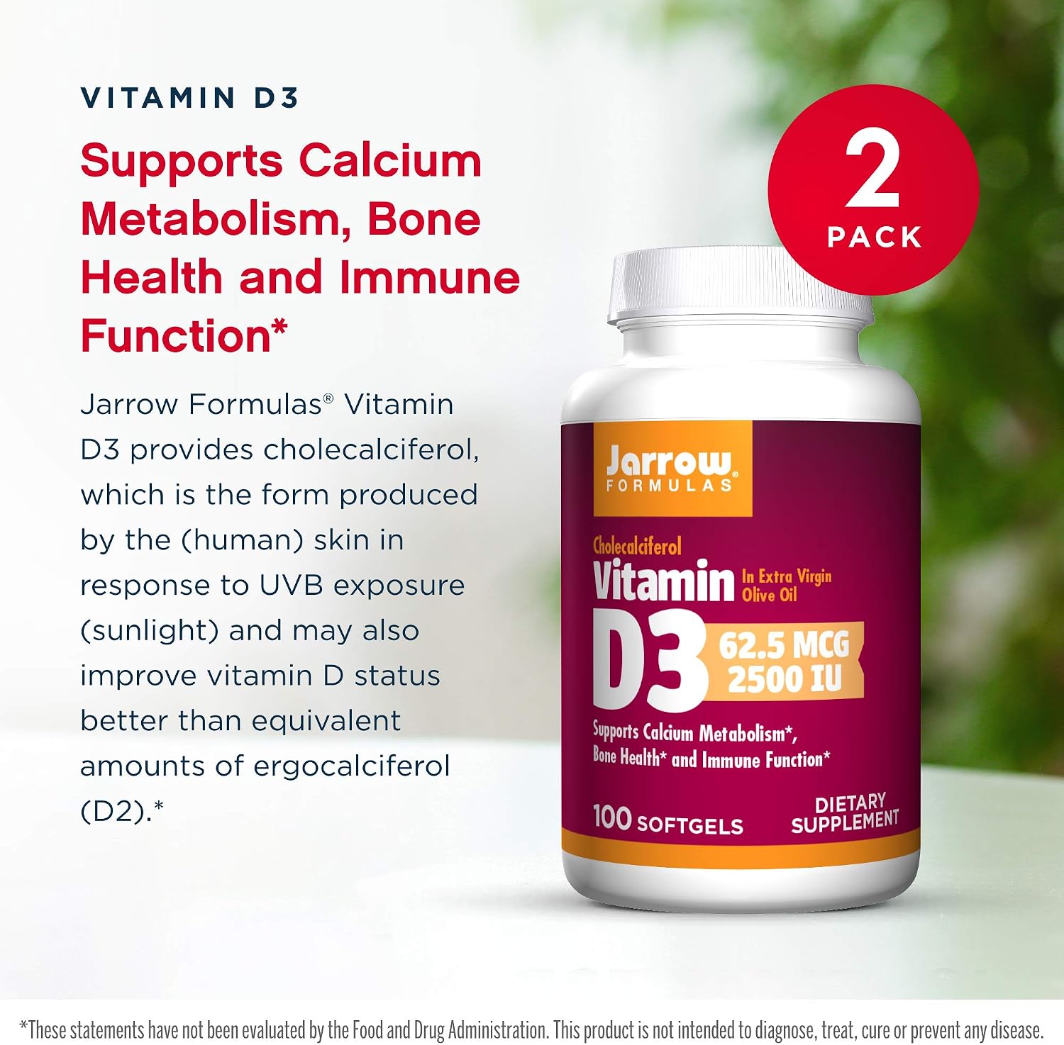 Jarrow Formulas Vitamin D3 2500 IU, 200 Softgels – Bone & Immune Support