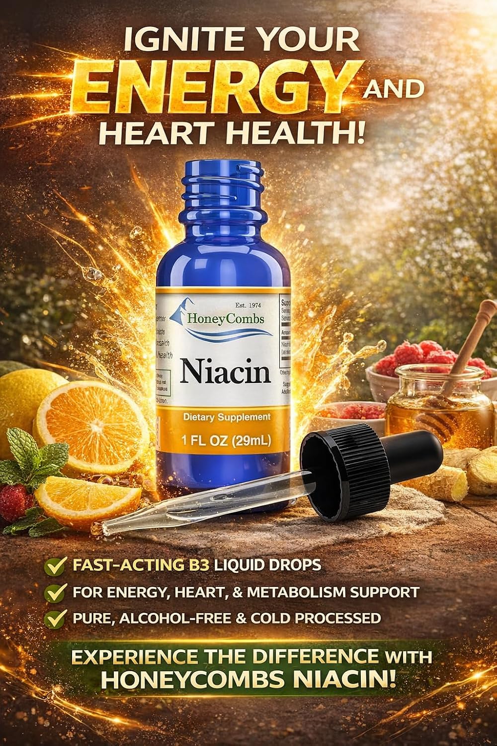 HoneyCombs Vitamin B3 Liquid Niacin Drops | Non-Flushing Niacinamide | 30 mL