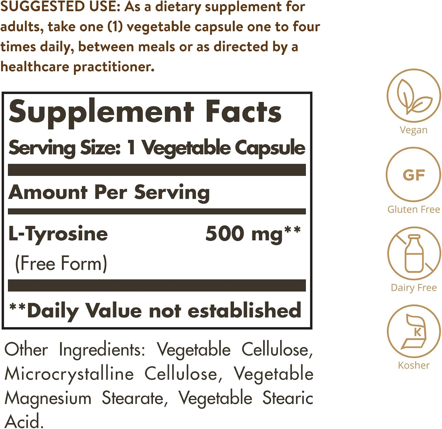 Solgar L-Tyrosine 500 mg, 100 Vegetable Capsules