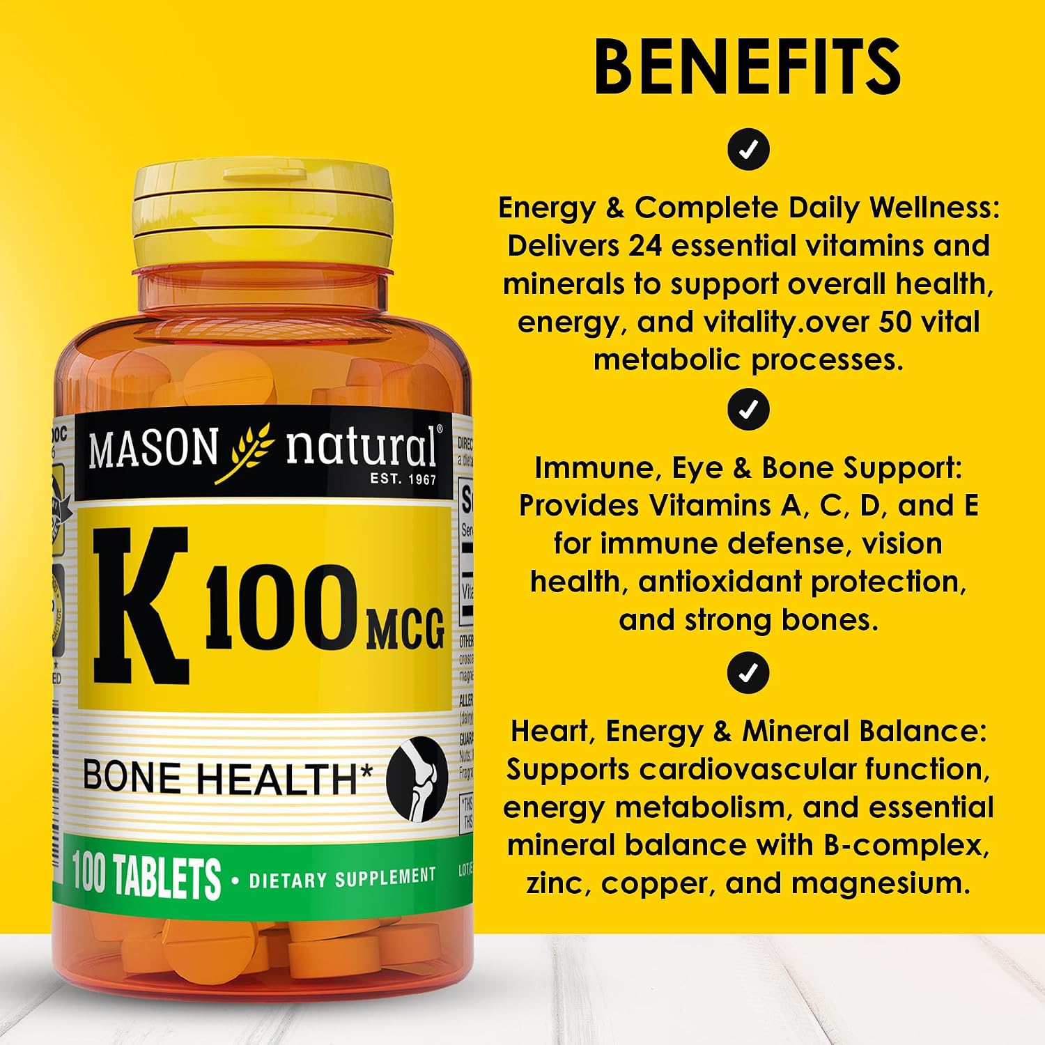 Mason Natural Vitamin K 100 mcg, Supports Bone and Joint Health, Helps Calcium Absorption, 100 Tablets