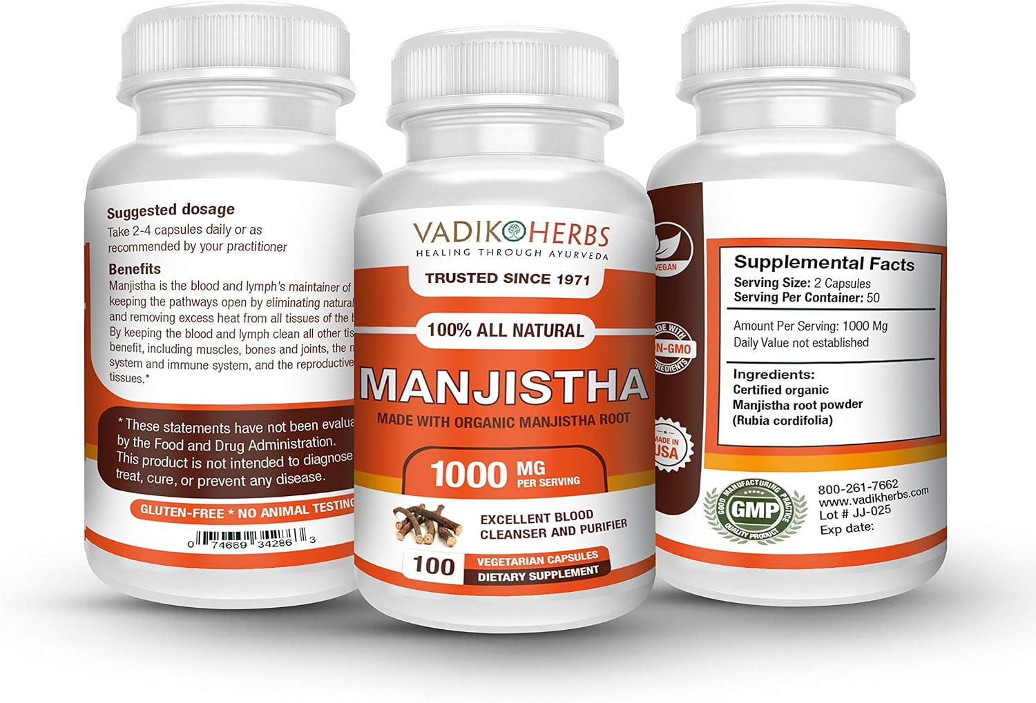 Vadik Herbs Pure Wild Harvested Manjistha (Rubia cordifolia, Indian Madder) - 100 Vegetable Capsules - Made in USA - Safety Tested - No GMO, Vegan