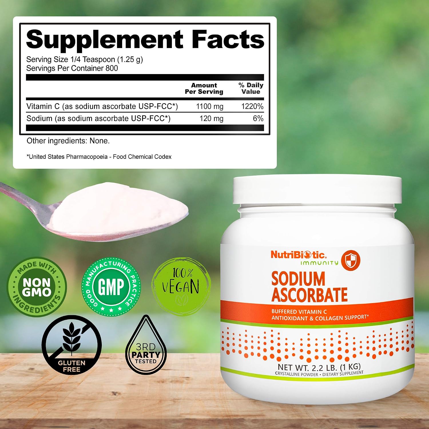 NutriBiotic Sodium Ascorbate Buffered Vitamin C Powder, 1 kg – Vegan, Non-Acidic, Easier on Digestion