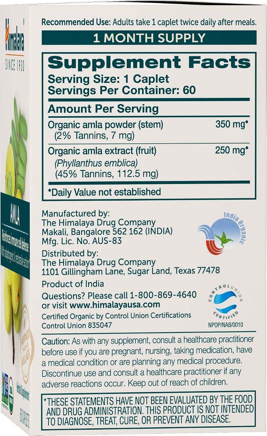 Himalaya Organic Amla – Herbal Immune Support, Adaptogen & Antioxidant – 600 mg, 60 Caplets