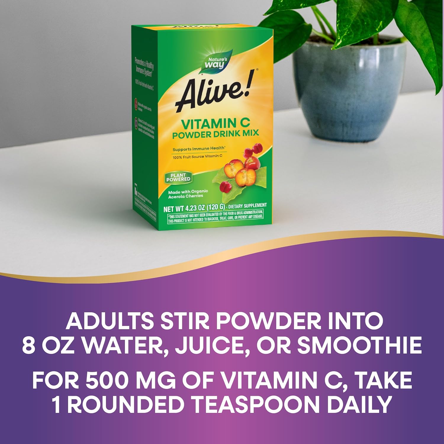 Nature's Way Alive! Vitamin C Powder Drink Mix - Organic Acerola Cherry - Immune Support - 120 g