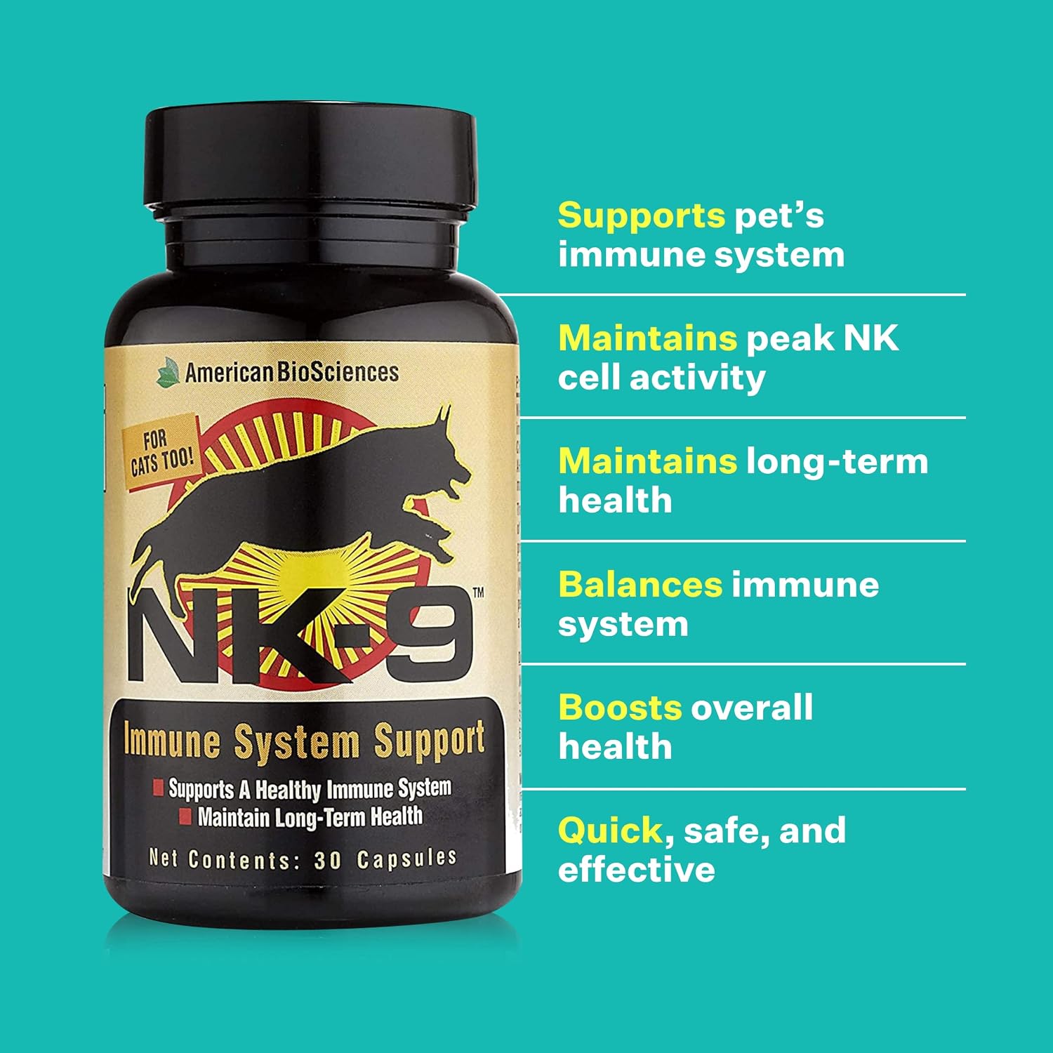 American BioSciences NK-9 AHCC Supplement for Dogs & Cats – Immune Support – 30 Capsules