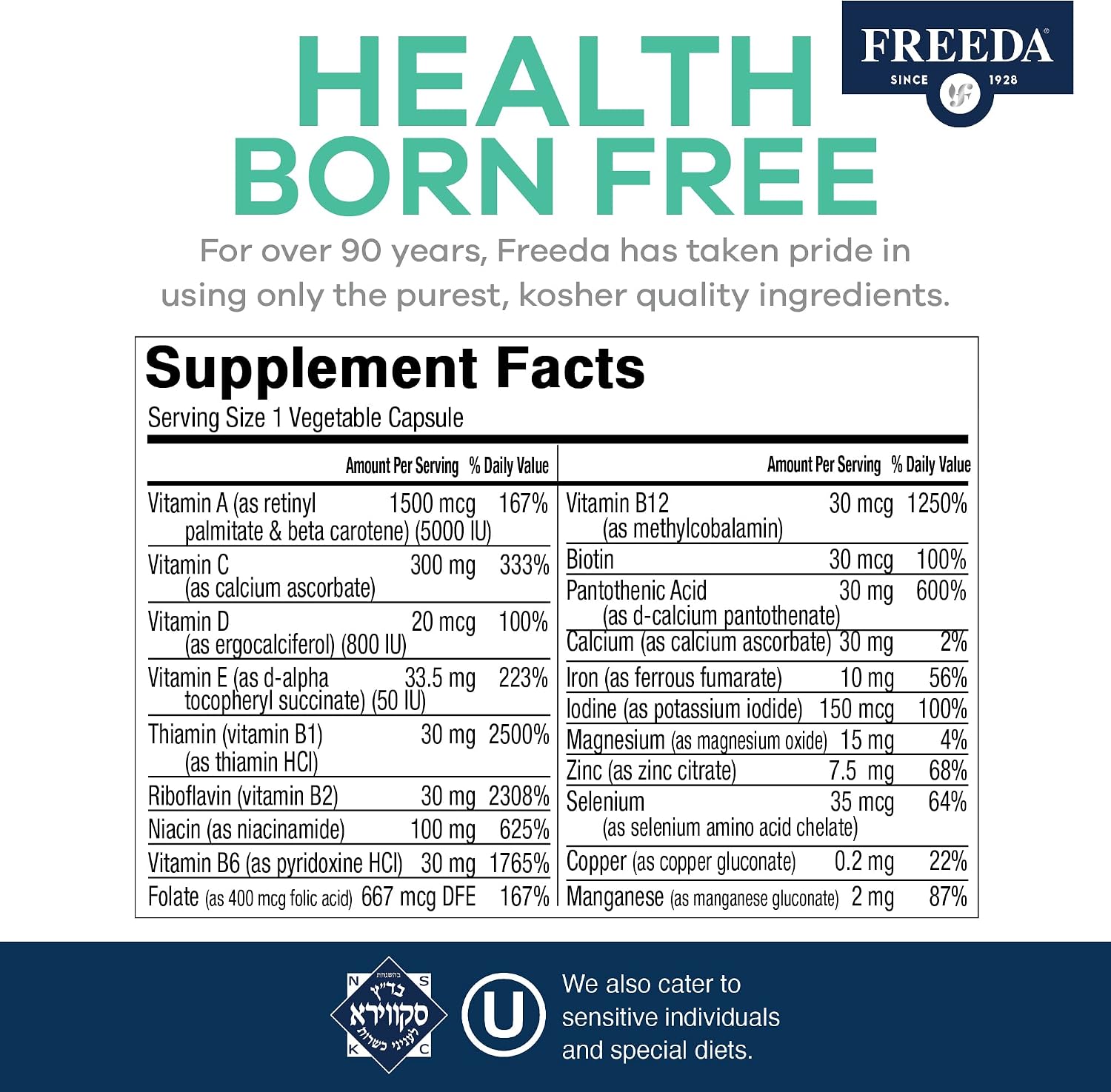 FREEDA Multivitamin – Quintabs-M with Iron – Kosher Multivitamins for Women & Iron-Deficient Men – 250 Capsules
