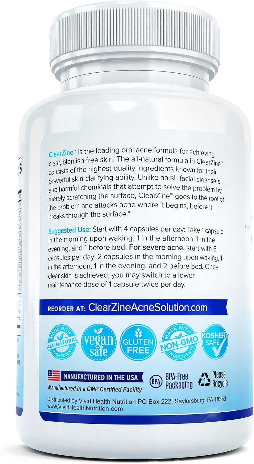 ClearZine Acne Pills – Hormonal & Cystic Acne Supplement for Teens and Adults (90 Capsules)