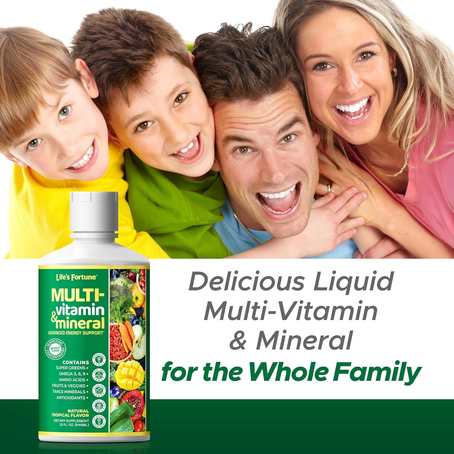 Life’s Fortune Liquid Multivitamin for Adults and Seniors - Fast Absorption, 90+ Nutrients, Tropical Flavour, 1 L