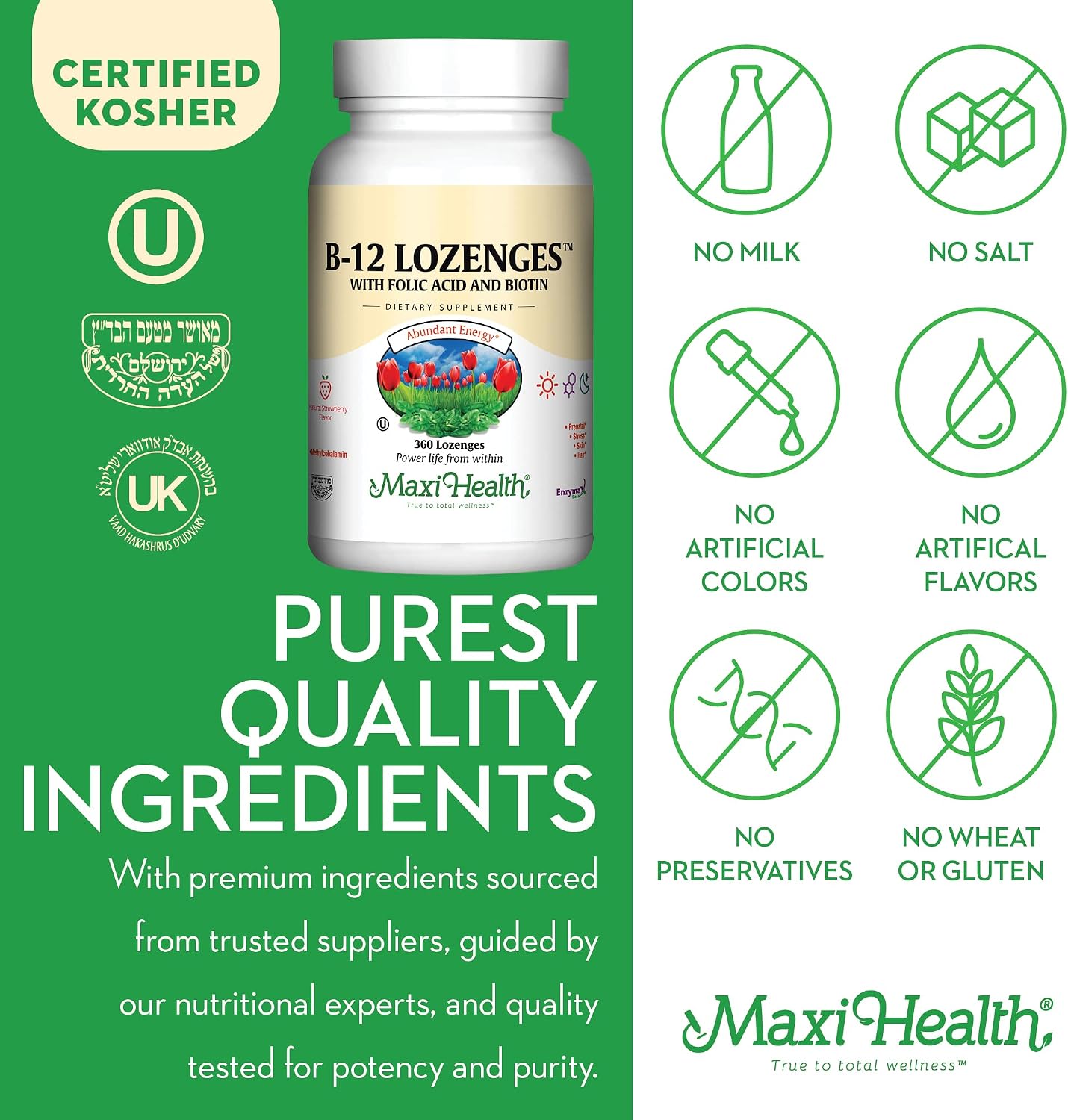 Vitamin B12 Lozenges with Folic Acid and Biotin - Sublingual Strawberry - 360 Lozenges