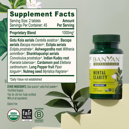Banyan Botanicals Organic Mental Clarity – Herbal Support for Alertness & Focus – 90 Tablets