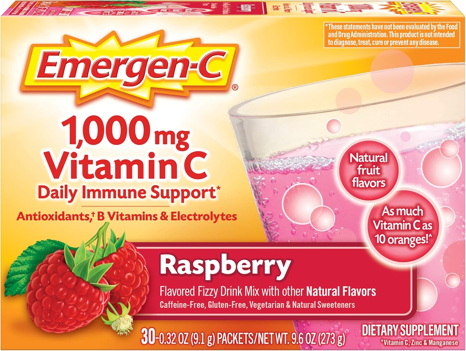 Emergen-C Original Formula Vitamin C Powder, Raspberry, 30 Packets