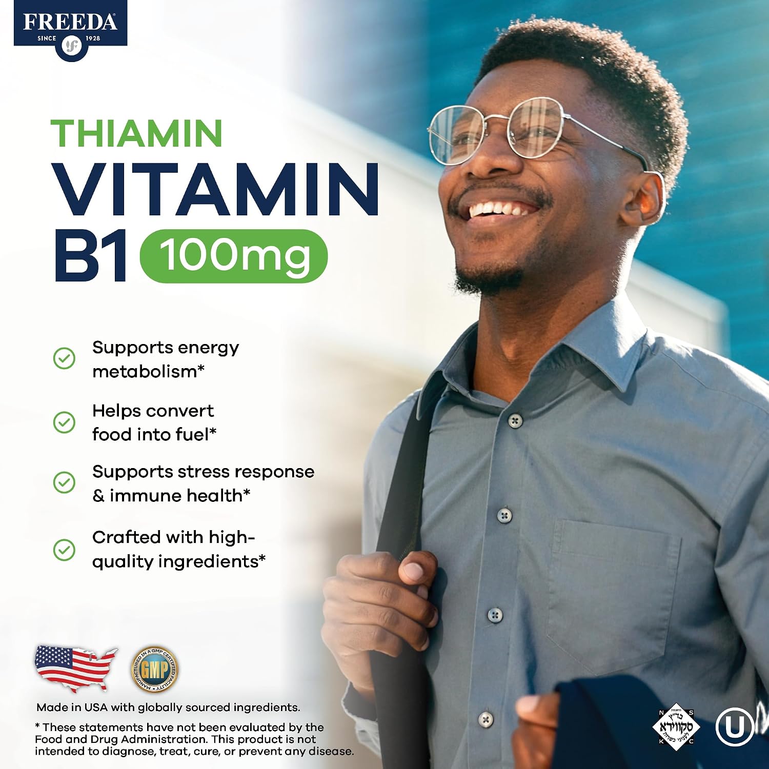 Freeda Vitamin B1 (Thiamine) 100 mg - Energy Metabolism & Nervous System Support - Kosher, Vegan, Gluten Free - 100 Tablets