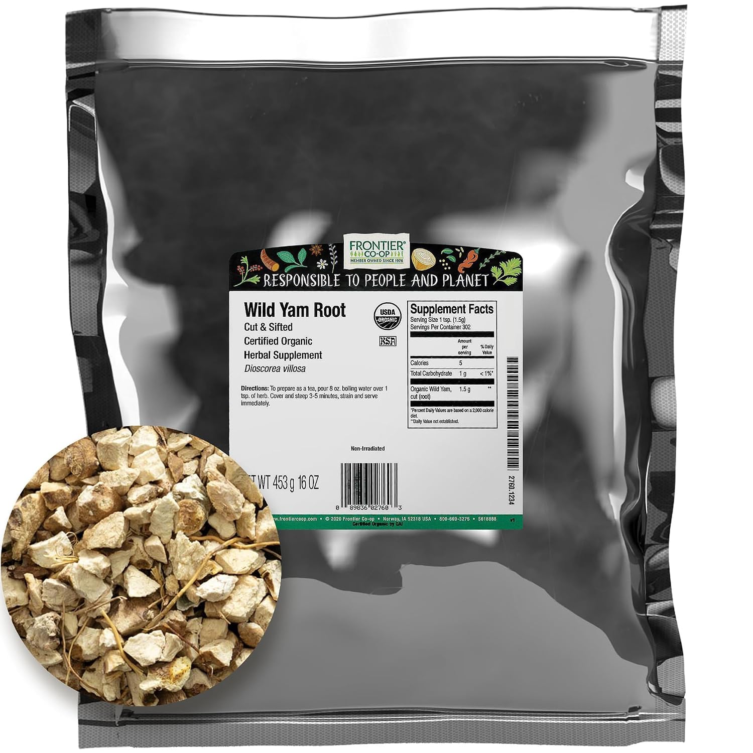 Frontier Co-op Wild Yam Root, Cut and Sifted, Certified Organic, Kosher - 1 lb (454 g) Bulk Bag