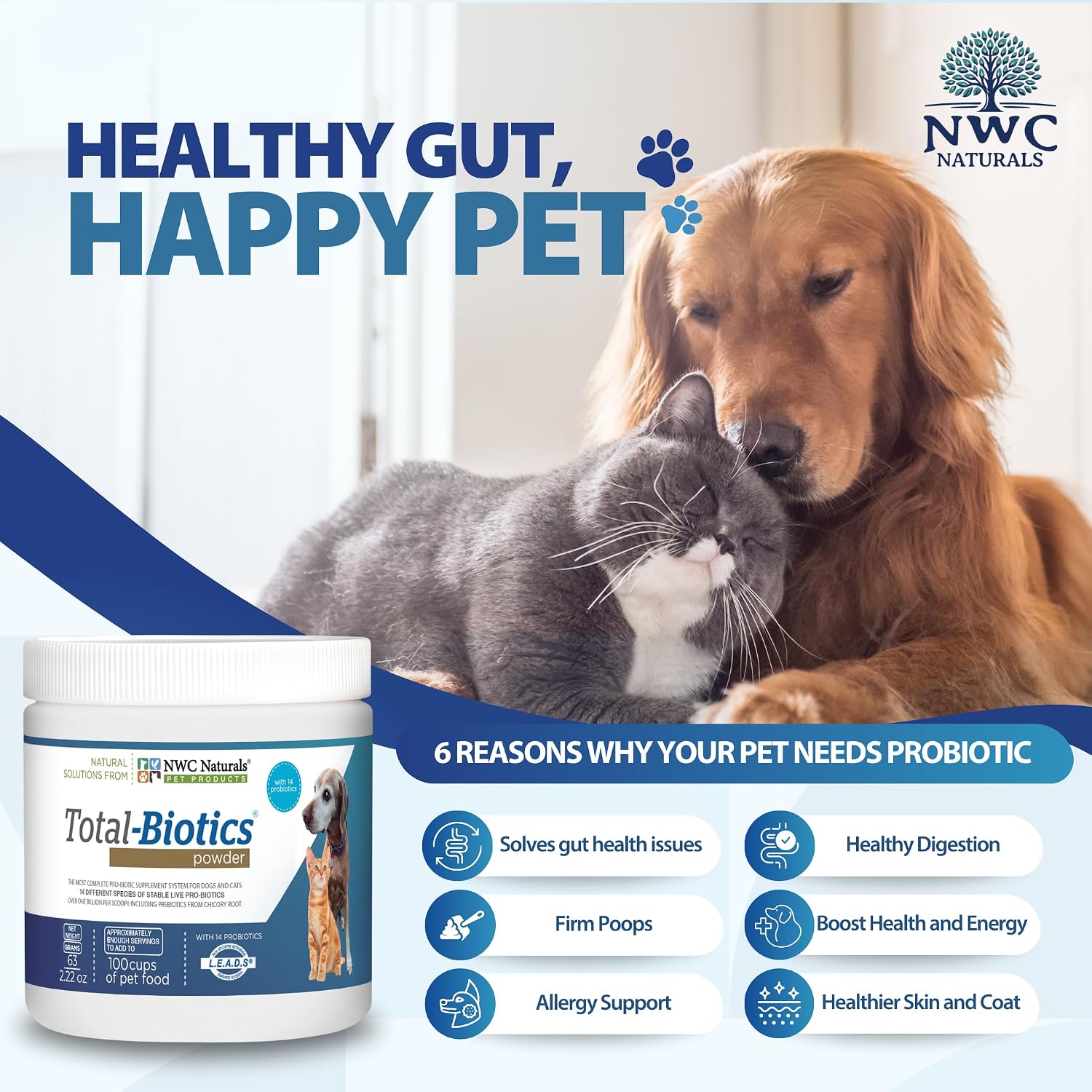 NWC Naturals Total-Biotics Probiotic for Dogs & Cats - Digestive Health Powder, Unflavoured, 100 Servings