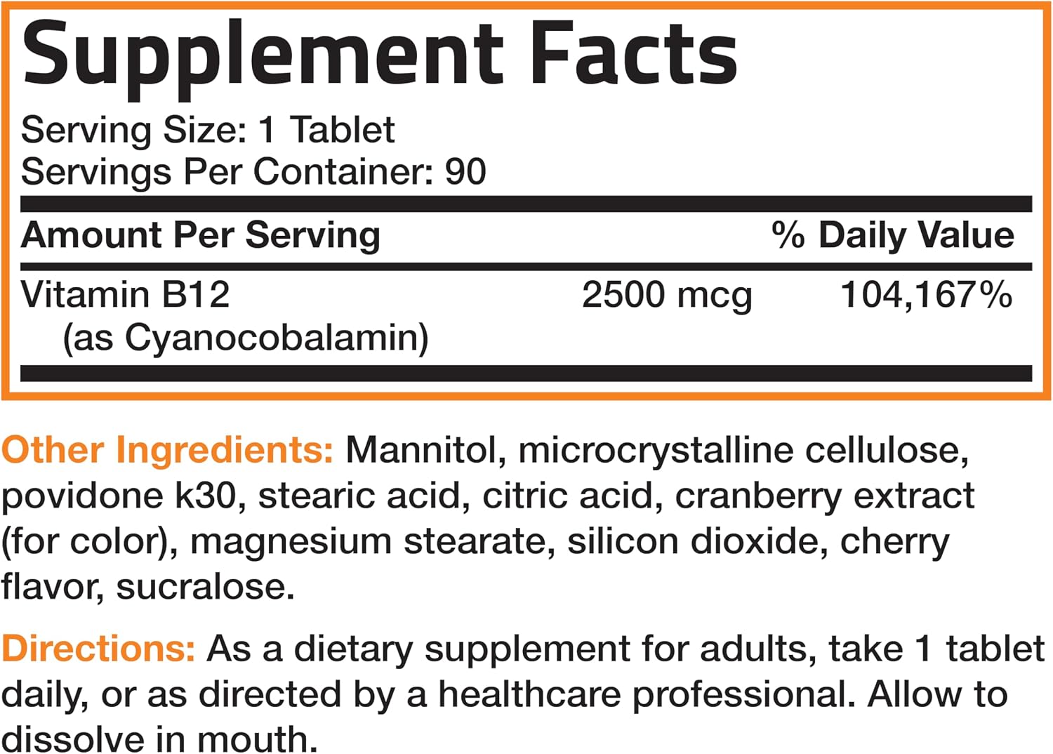 Bronson Vitamin B12 2500mcg Fast Dissolve Sublingual Tablets, Cherry Flavour, 90 Count