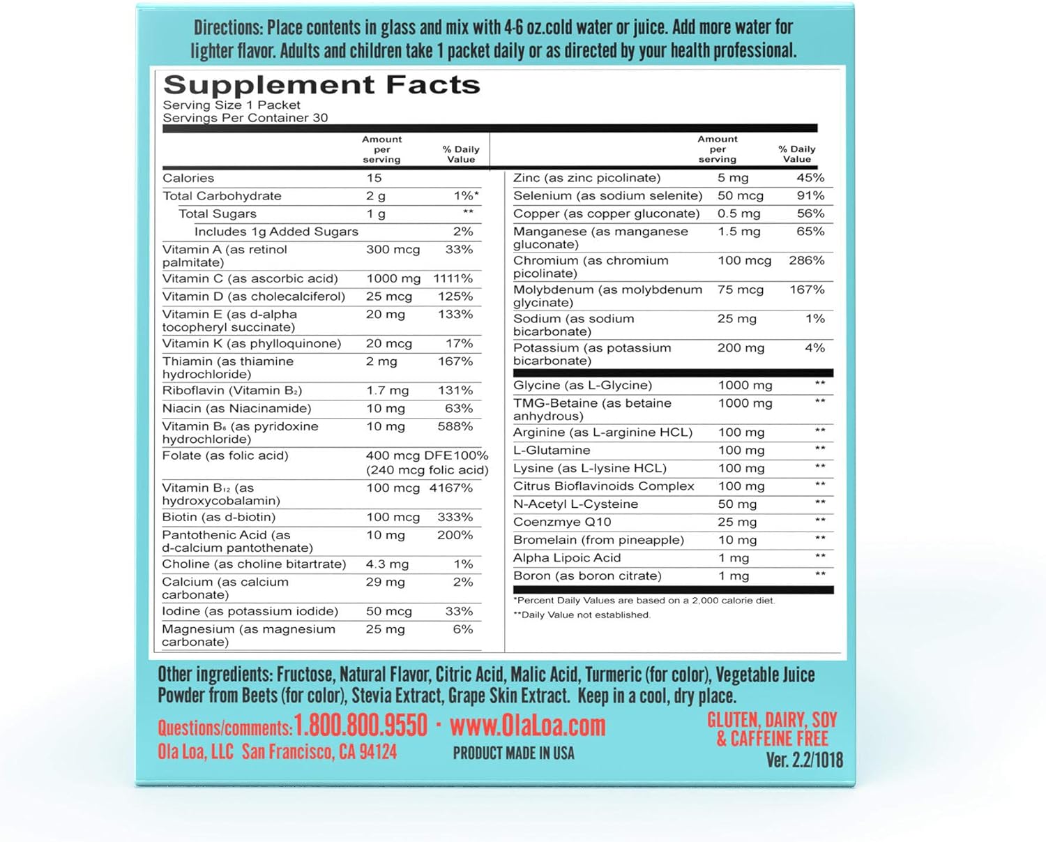Ola Loa Energy Tropical Multi Vitamin Drink Mix - Amino Energy Powder, Gluten Free, Dairy Free, Caffeine Free - 30 Packets